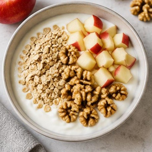 Yogur con avena, manzana y nueces