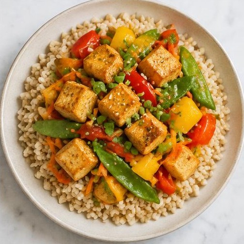 Arroz integral con tofu y verduras